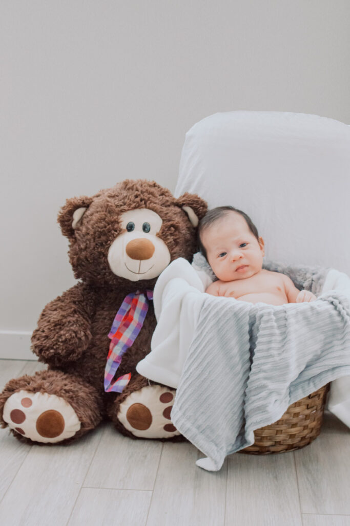 baby in basquet with teddy bear